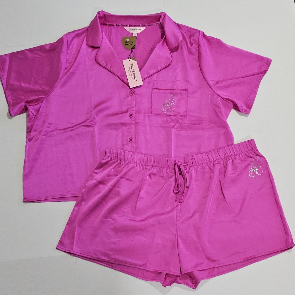 Juicy Couture Pajama Set Hot Magenta Pink Silky Rhinestone PJ Lounge Short Large
